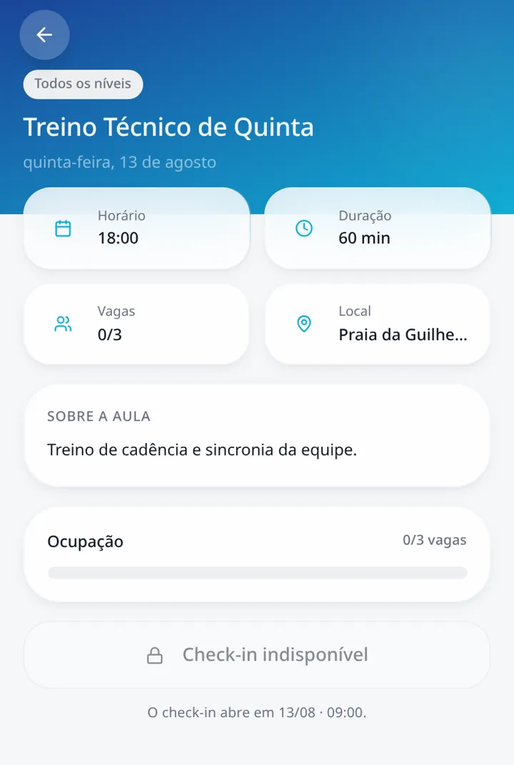 Tela de uma aula no aplicativo, com vagas, ocupação e botão de check-in do aluno