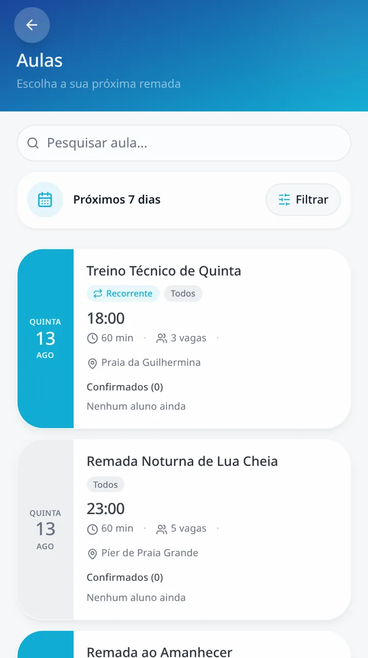 Lista de próximas aulas no aplicativo do aluno, com horário, local e vagas