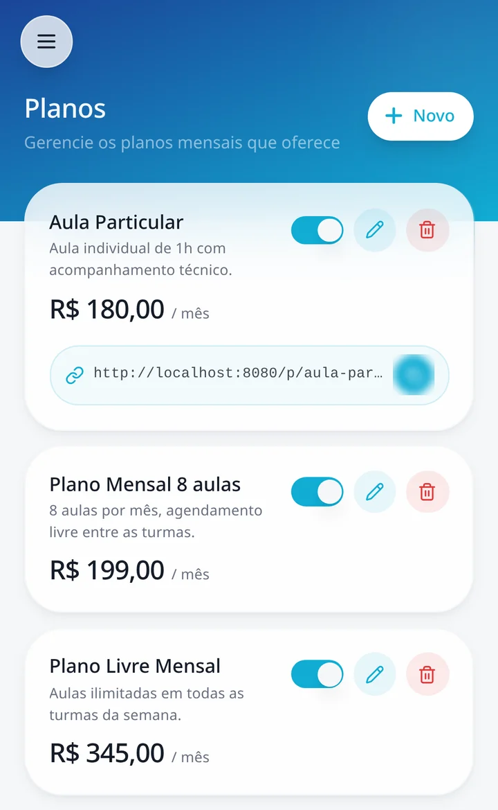 Tela de planos do professor no IMUA, com valores e ciclos de cobrança