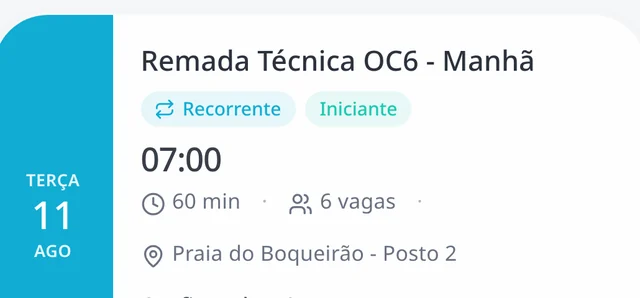 Card de aula com horário, vagas e alunos confirmados