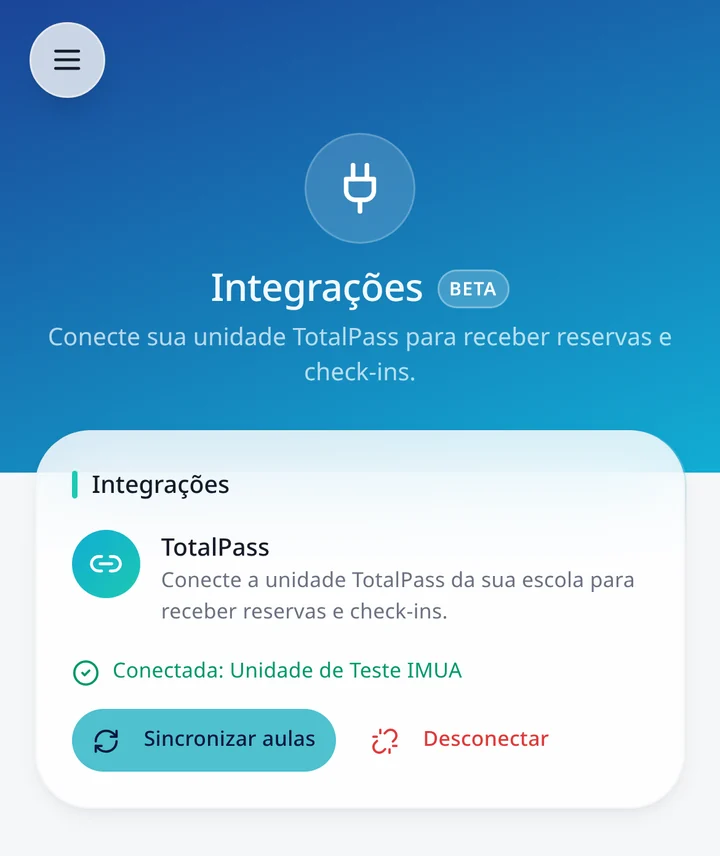 Tela de integração com a TotalPass