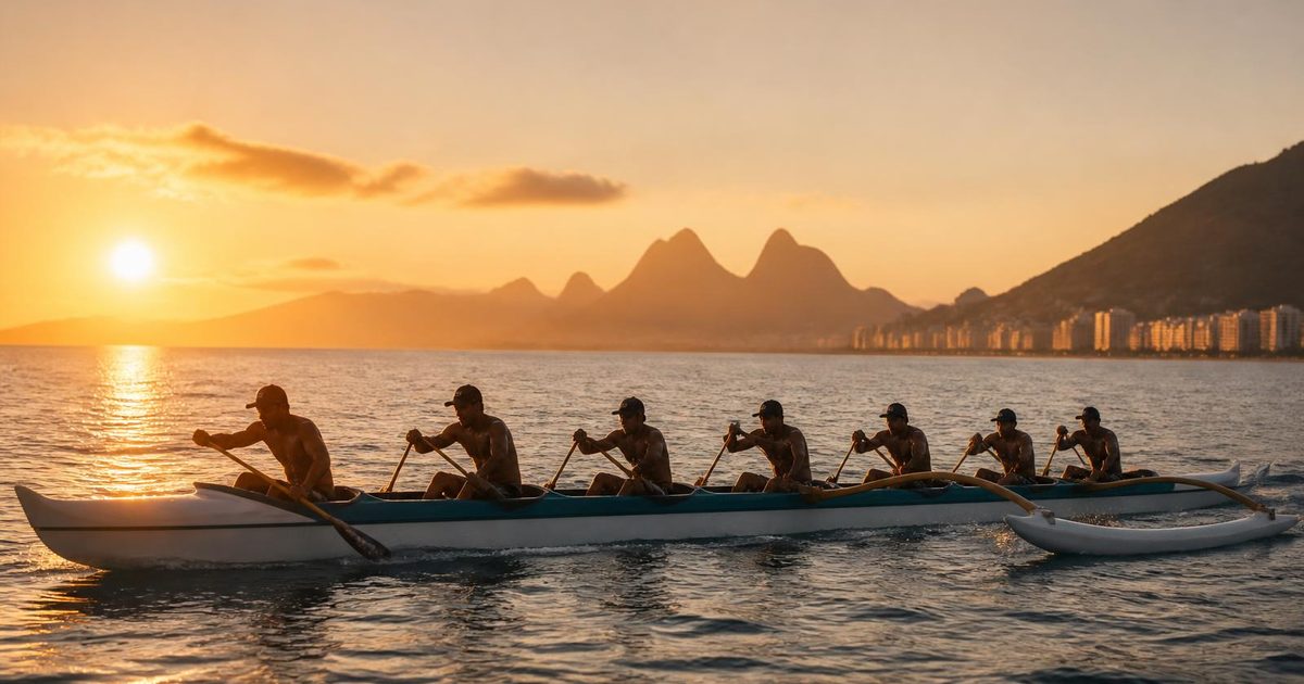 Equipe de seis remadores em uma canoa havaiana OC6 no mar ao nascer do sol