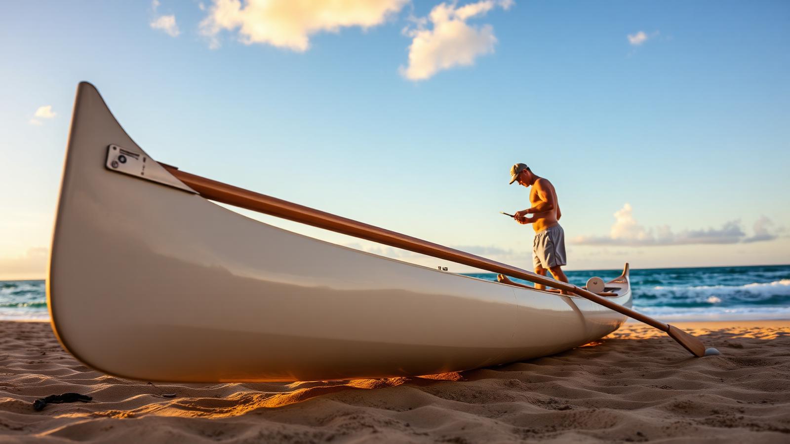 Canoa havaiana OC6 na praia ao amanhecer, sendo inspecionada por um comprador