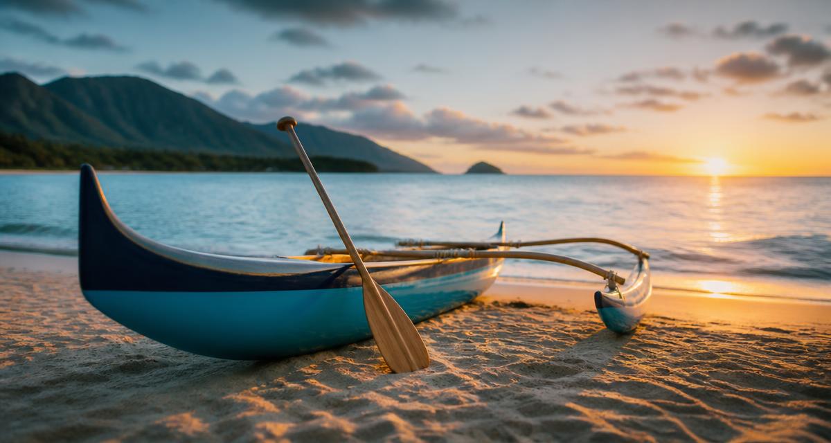 Canoa havaiana parada na areia ao amanhecer com um remo encostado, pronta para a primeira remada do dia