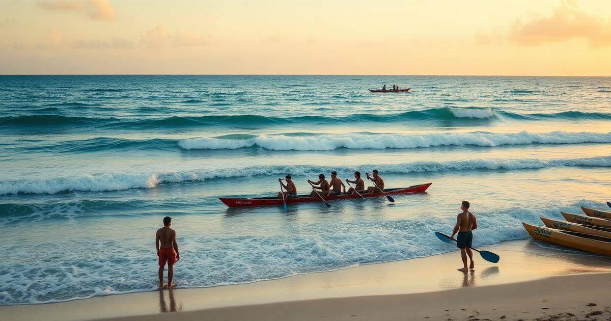 Tripulação de canoa havaiana carregando a va'a para o mar em uma manhã de treino