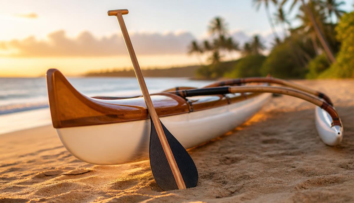 Remo de fibra apoiado em uma canoa havaiana OC6 na praia ao pôr do sol