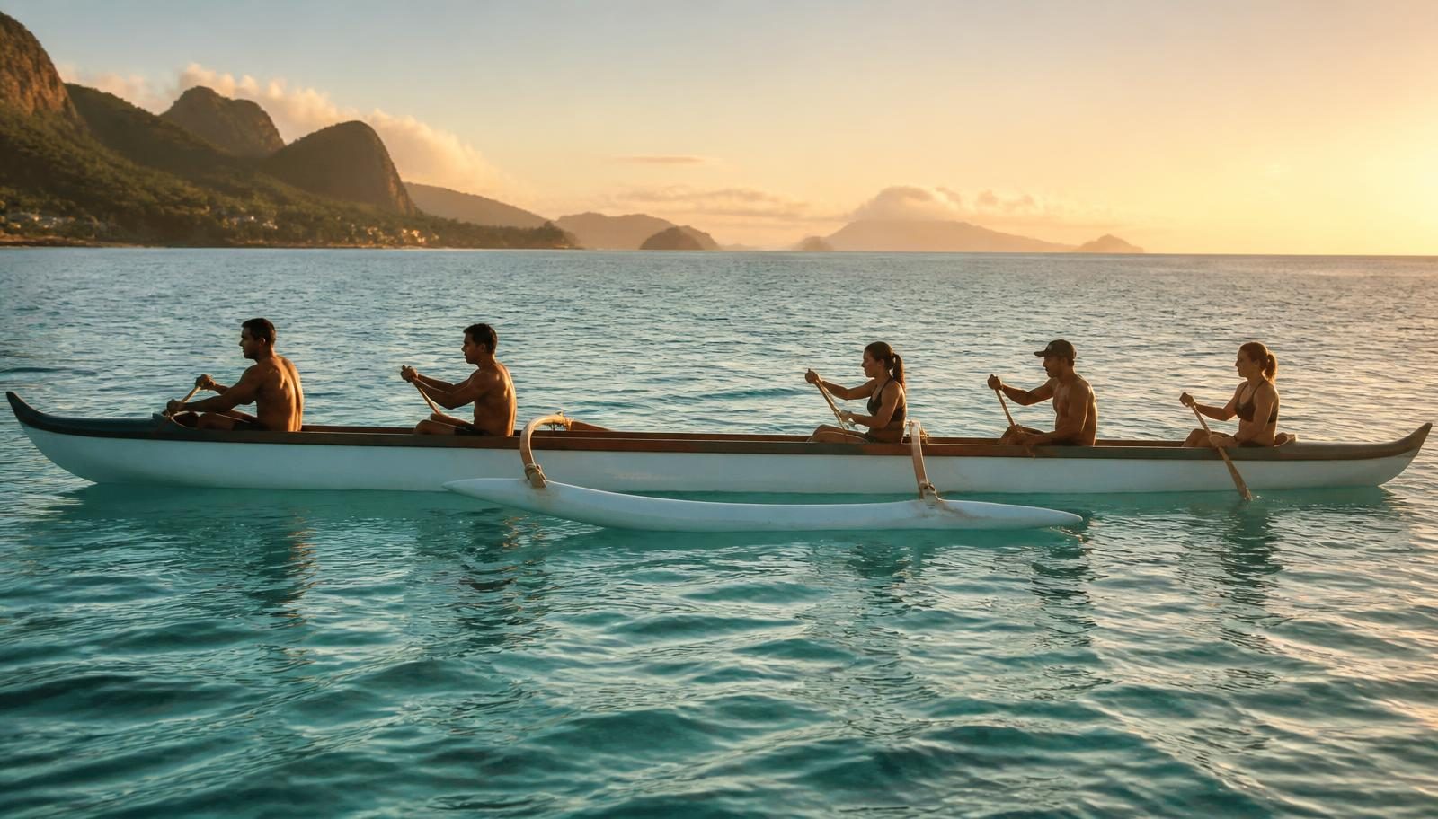 Equipe de canoa havaiana remando ao amanhecer em mar calmo com um lugar vago no meio do casco