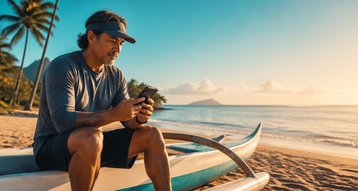 Professor sentado em uma canoa havaiana na praia consultando os pagamentos dos alunos pelo celular