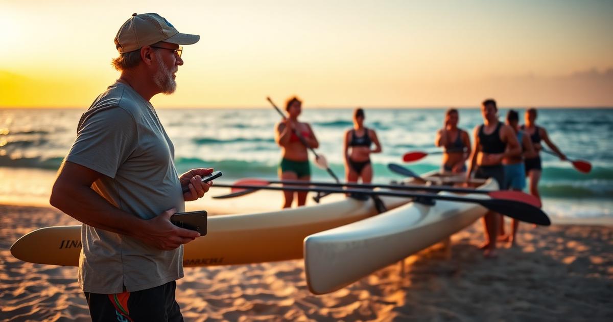 Professor de canoa havaiana com o celular na mão registrando a presença dos alunos na areia antes da aula