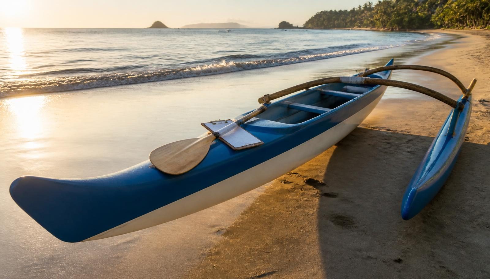Canoa havaiana na areia ao amanhecer com remo e prancheta apoiados no casco