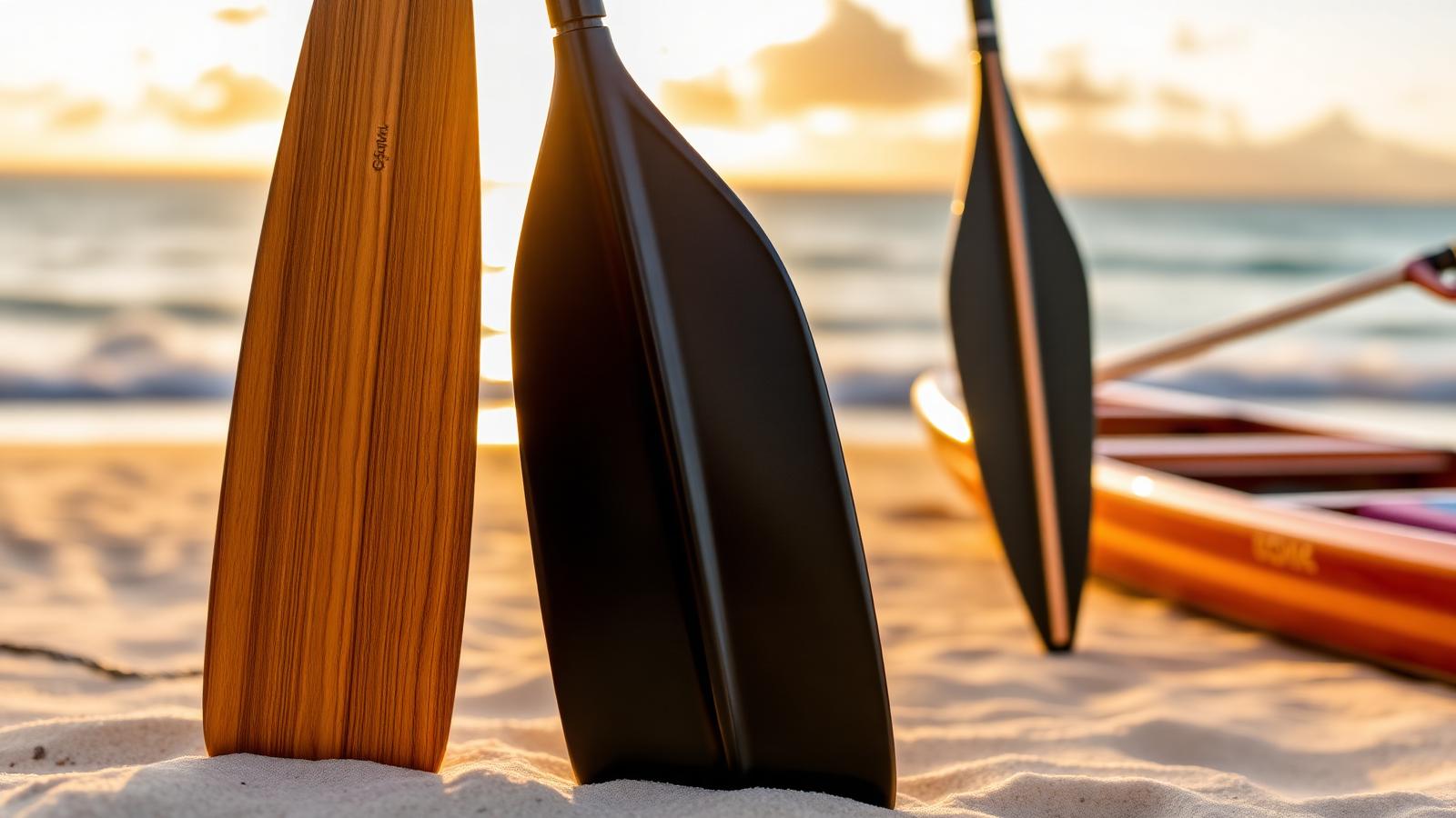 Três remos de canoa havaiana — carbono, madeira e fibra — apoiados na praia ao pôr do sol