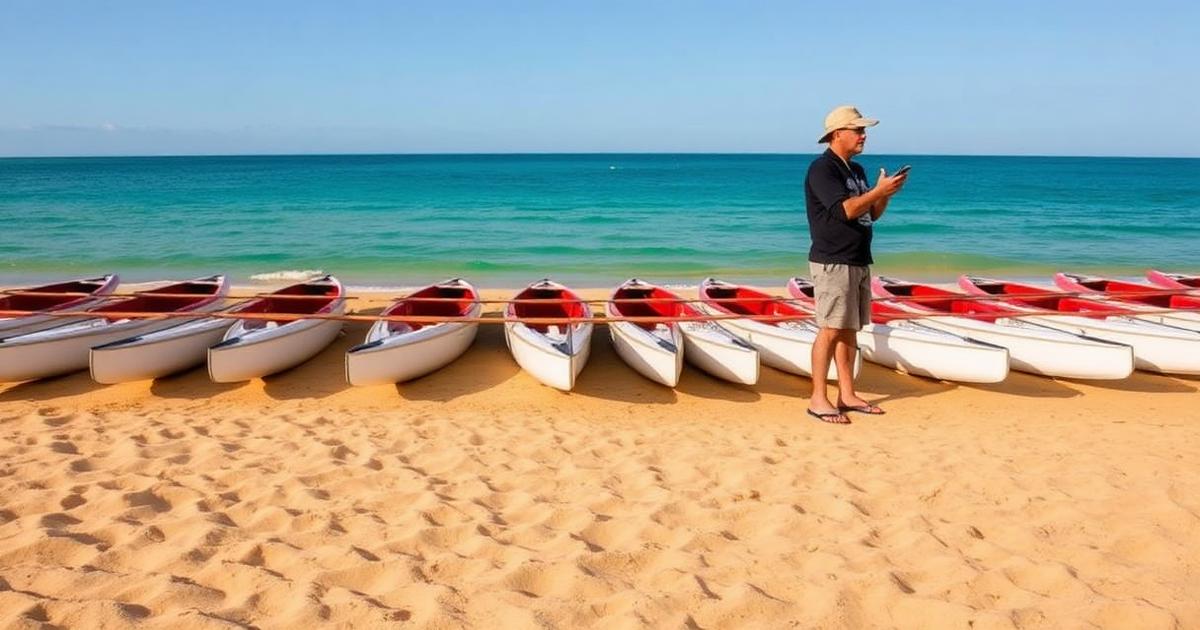 Canoas havaianas alinhadas na areia ao amanhecer com o professor organizando os horários pelo celular